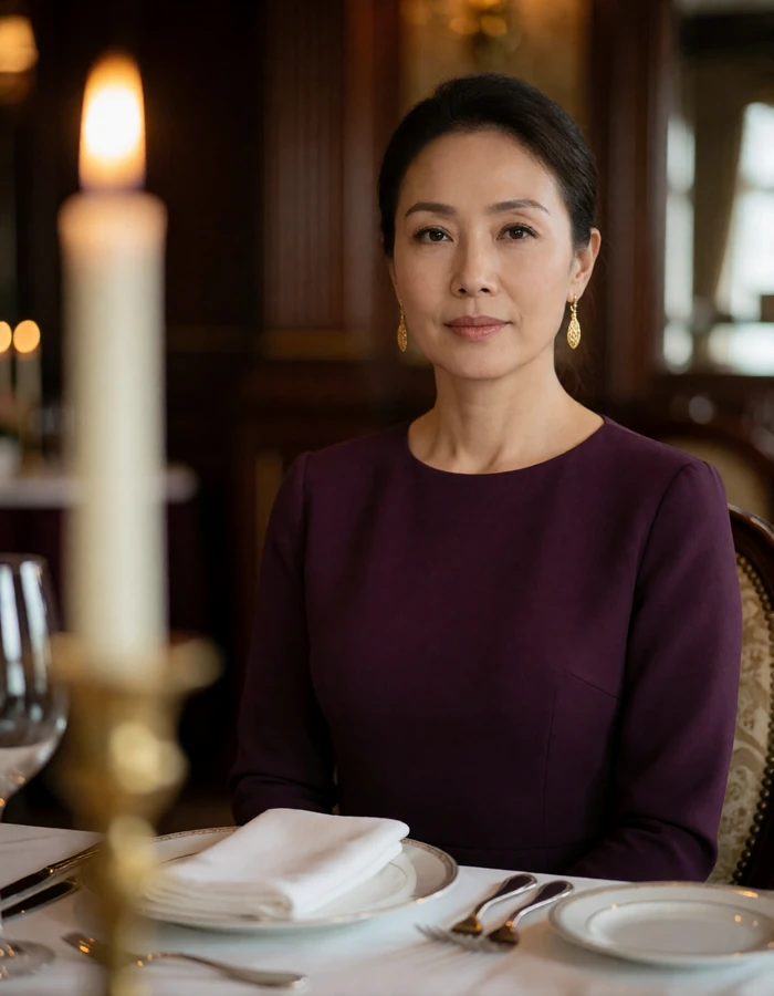 Elegant Mongolian woman in a plum dress seated at a fine dining table with a warm expression