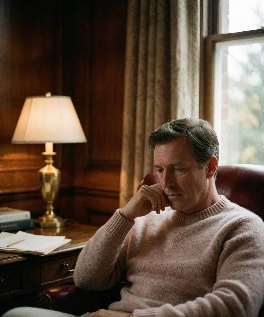 Man in a knit sweater seated in a leather armchair in a private study, reviewing his profile in calm concentration