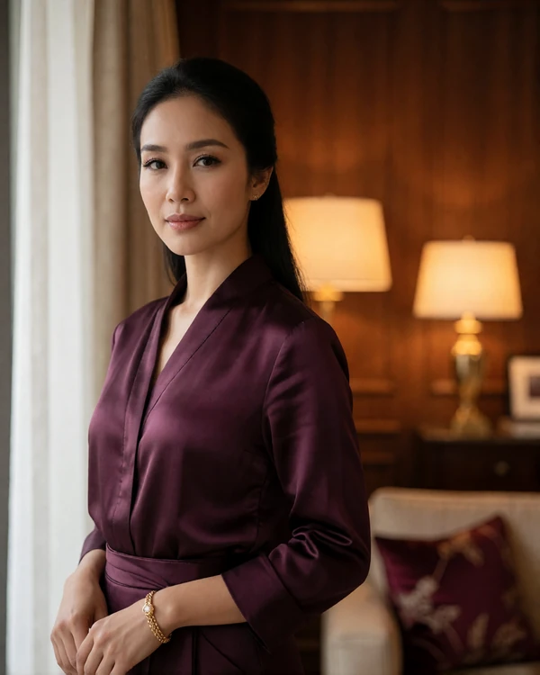 Refined Thai woman in a deep plum silk blouse standing in a warmly lit luxury hotel lounge