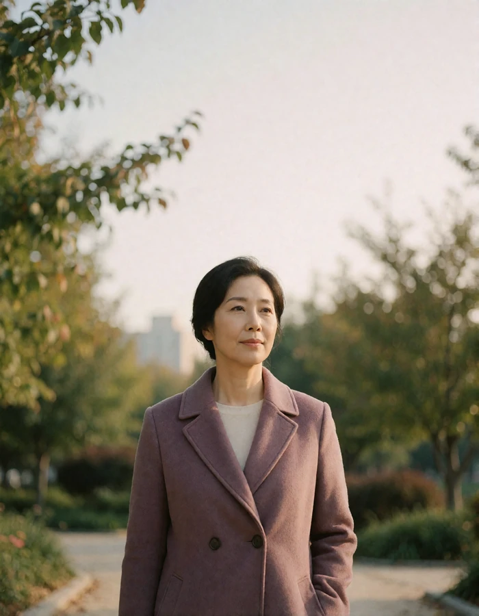 Korean woman in a soft plum coat walking slowly along a quiet park path