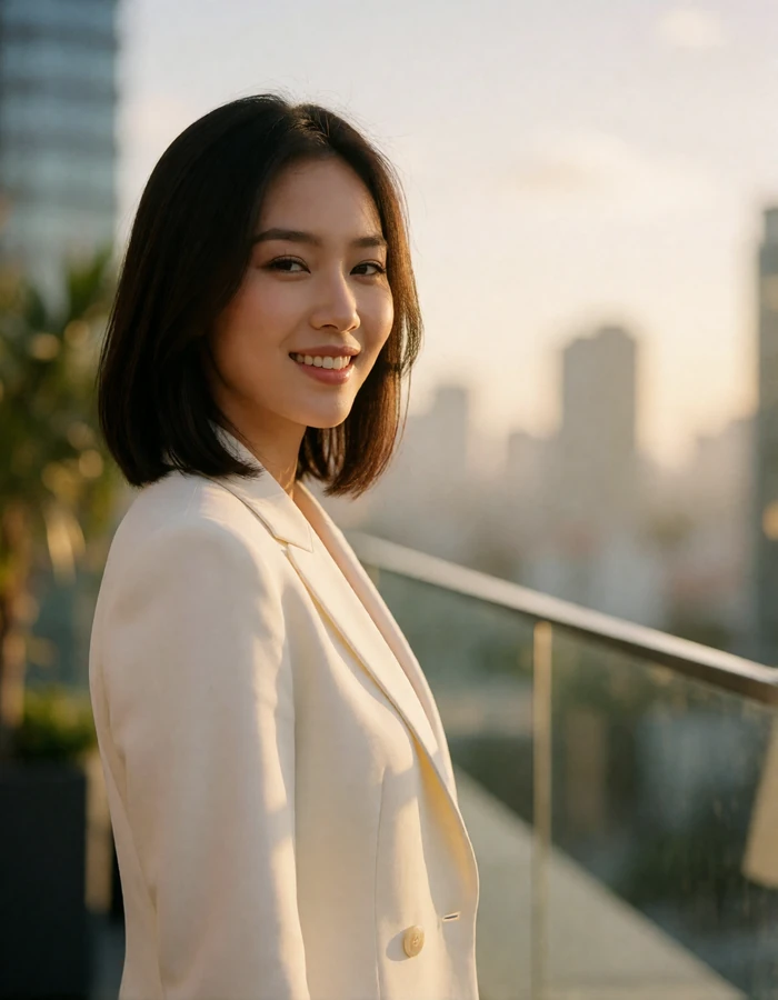 Vietnamese woman in a tailored ivory blazer on a city rooftop terrace at golden hour
