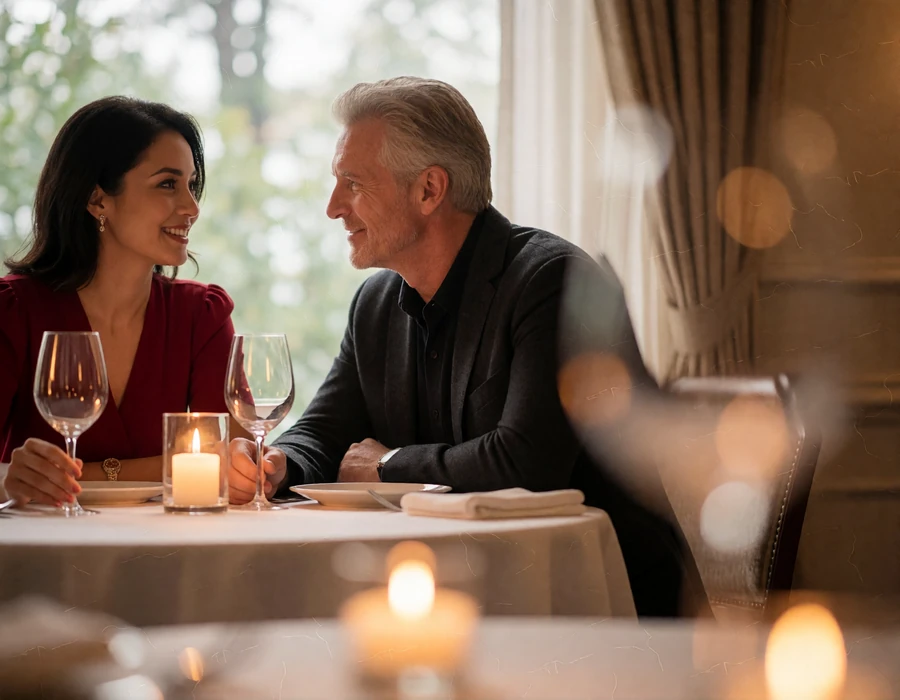 Couple leaning toward each other at a candlelit fine-dining table, sharing a relaxed conversation