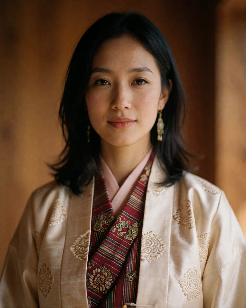 Smiling Bhutanese woman in a crimson woven kira with a cream silk jacket photographed against a warmly blurred timber gallery