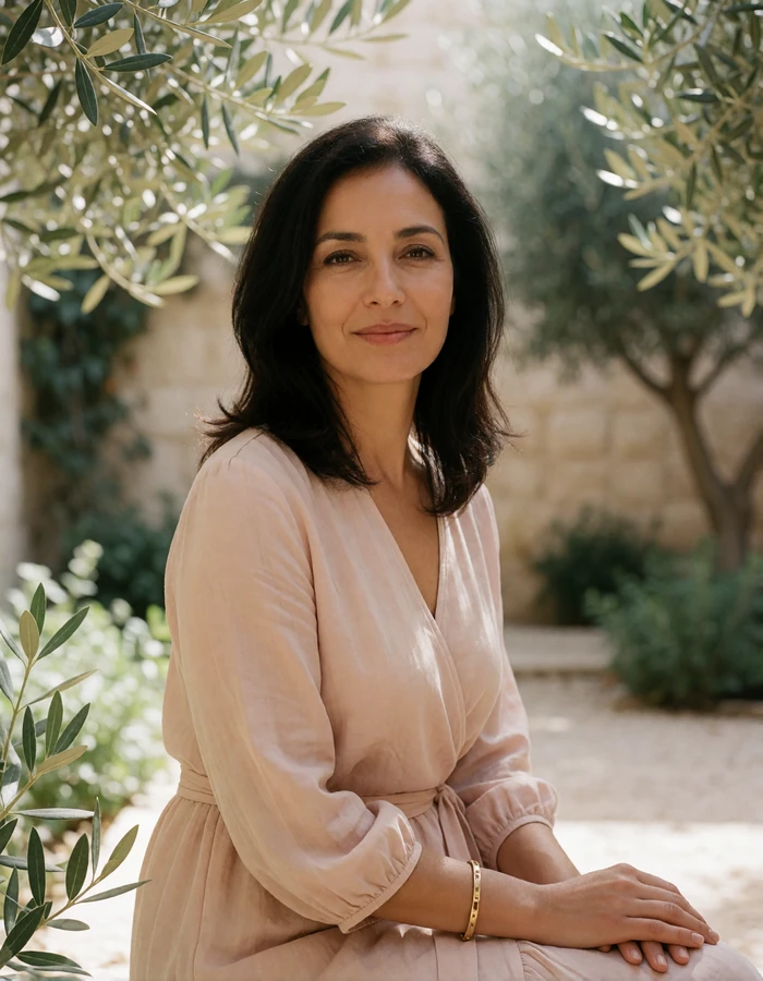 Warm Jordanian woman in a blush wrap dress seated in a courtyard garden