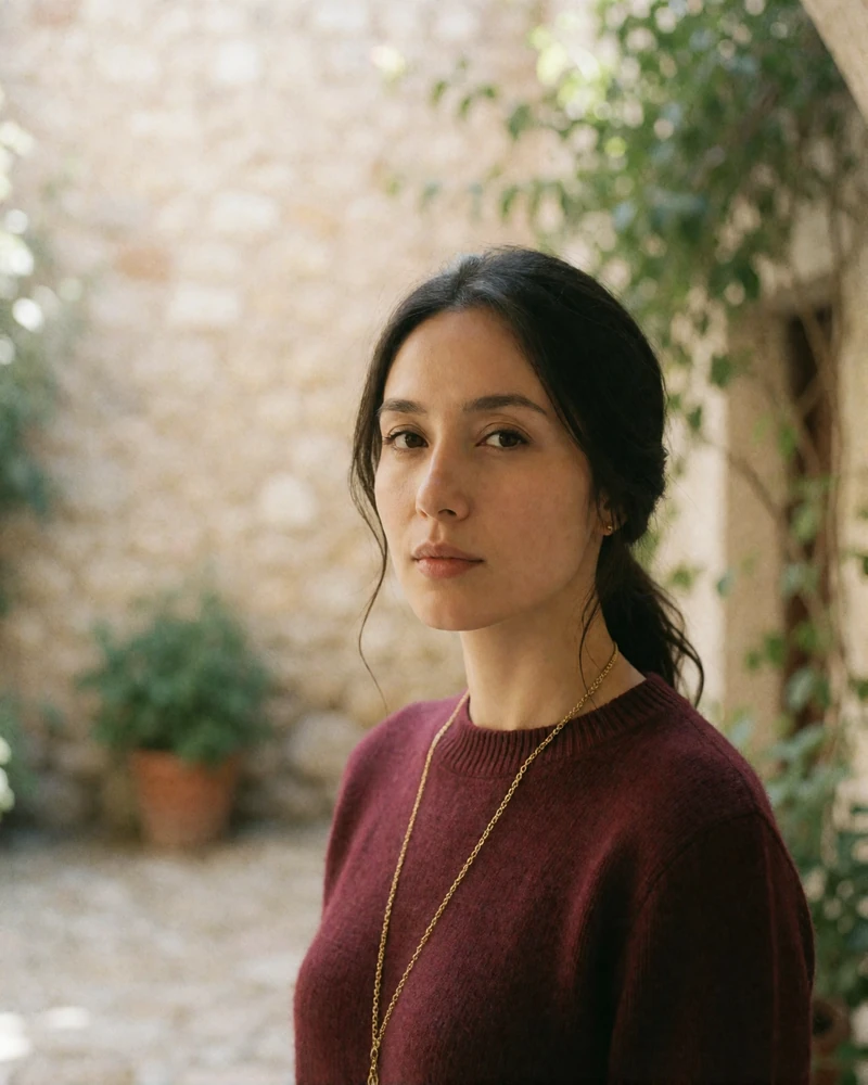 Serene Kyrgyz woman in a burgundy knit sweater standing in a sunlit stone courtyard