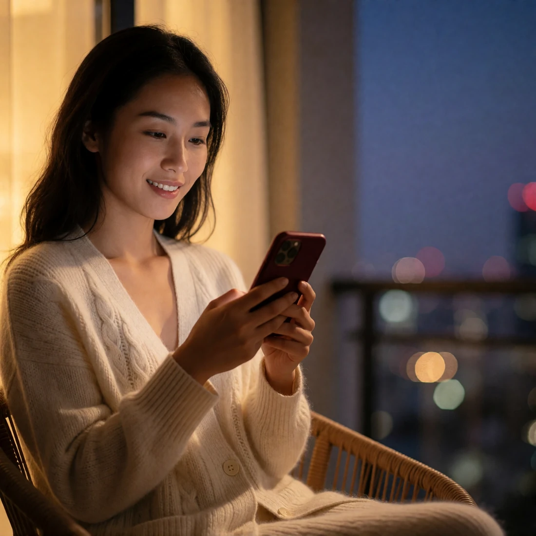 Relaxed Asian woman in an ivory cardigan smiling gently while holding her phone on a city balcony at dusk