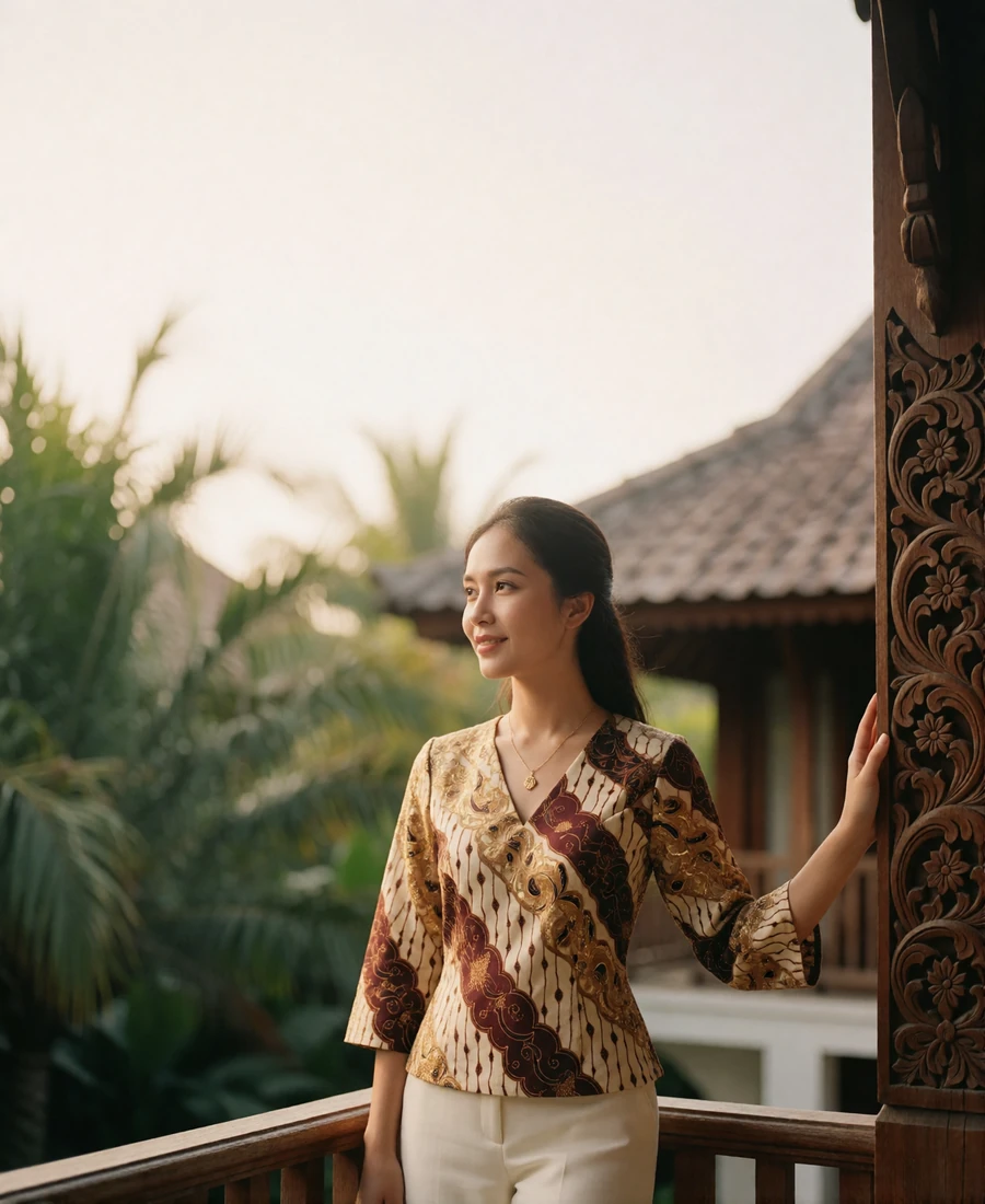 Poised Indonesian woman in a gold batik blouse standing on the veranda of a tropical villa surrounded by palm gardens
