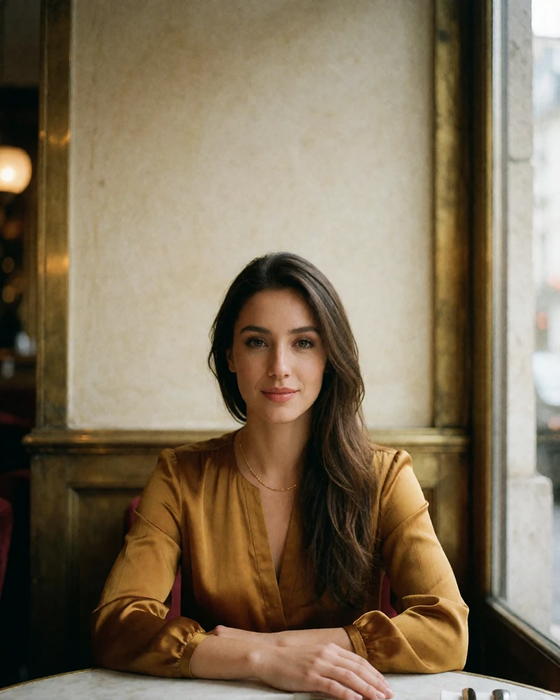 Turkmen woman in a mustard silk blouse smiling at a window table in an upscale restaurant interior