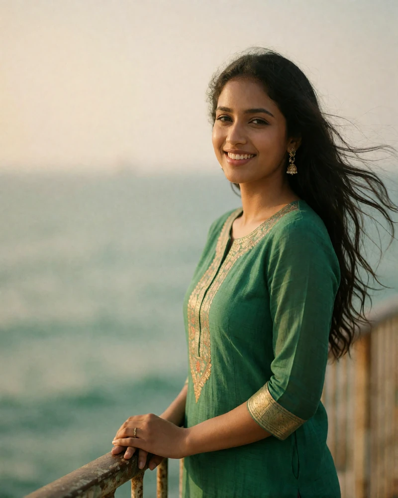 Cheerful Sri Lankan woman in an emerald green kurta standing near a coastal railing with blurred ocean and hazy sky behind her