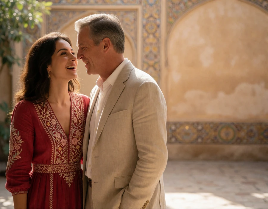 Uzbek woman in a deep red embroidered dress laughing softly with an American man in a sunlit courtyard