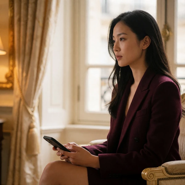 Woman in a wine blazer holding her phone screen-down beside a bright window in a quiet lounge