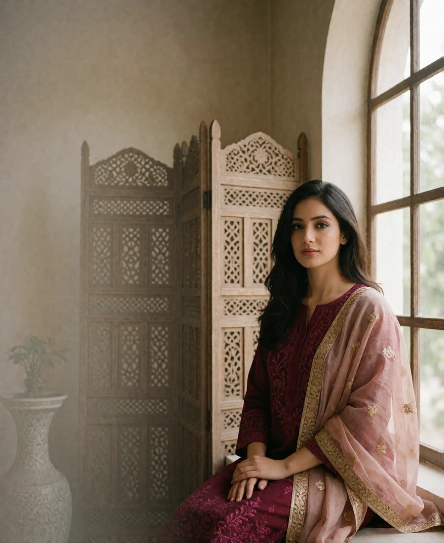 Poised Pakistani woman in a wine embroidered kurta seated by an arched window in an elegant Lahore-style interior