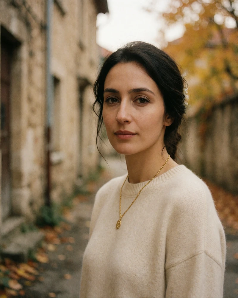 Thoughtful Armenian woman in a cream cashmere sweater standing on an old stone street in autumn light