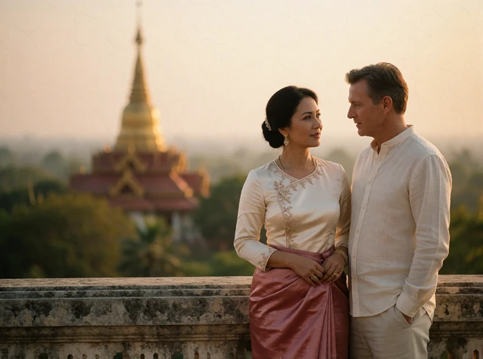 Mature couple standing close together on a stone terrace at golden hour with a golden pagoda spire in the hazy background