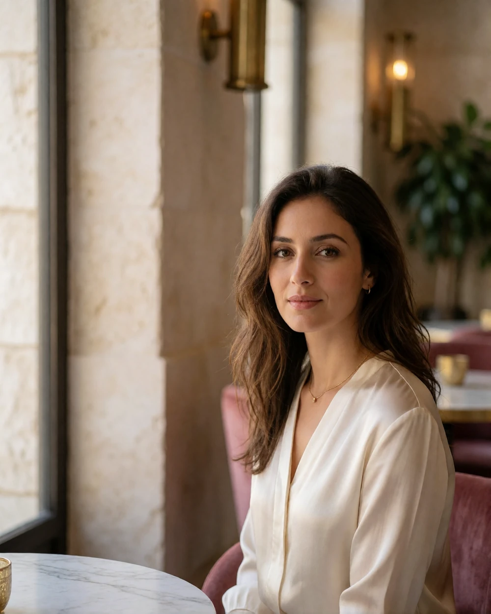 Elegant Jordanian woman in an ivory silk blouse seated at a marble cafe table in a warmly lit Amman-style interior