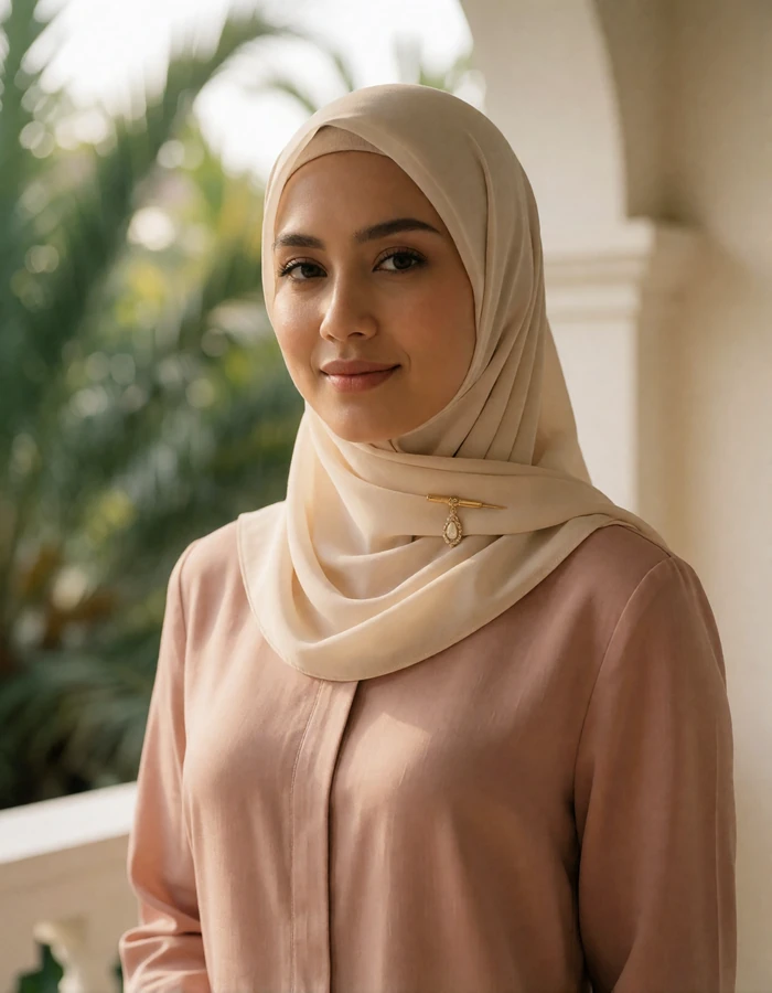 Elegant Bruneian woman in a blush long-sleeved blouse and cream headscarf standing on a shaded veranda