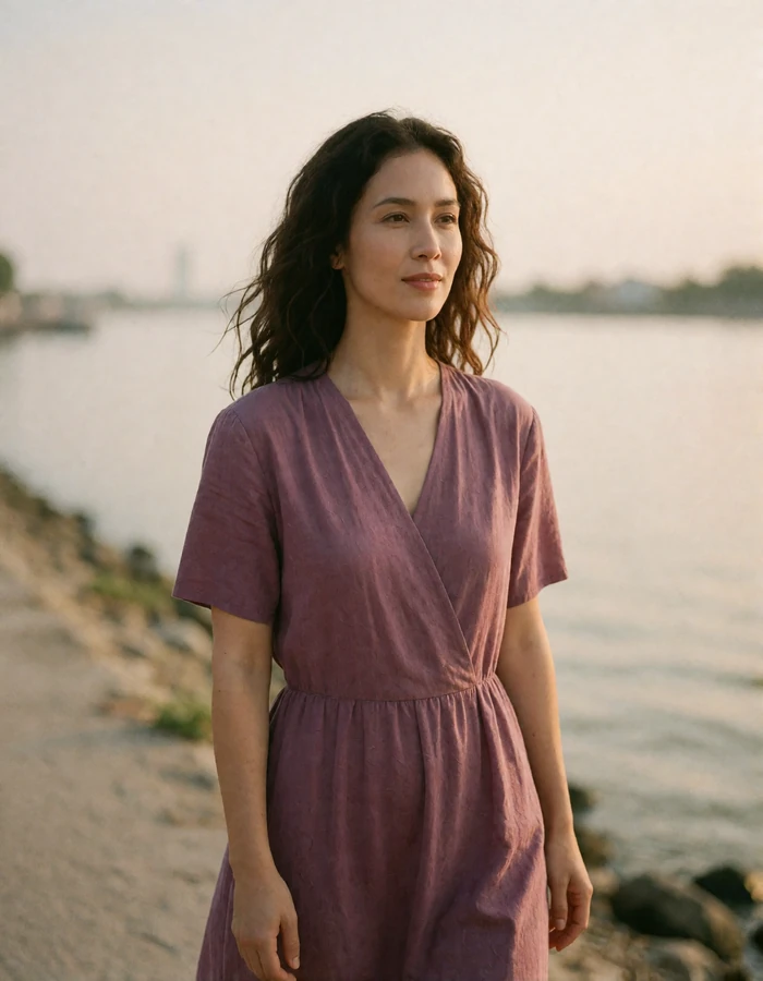 Vietnamese woman in a soft plum dress standing on a quiet riverside walkway
