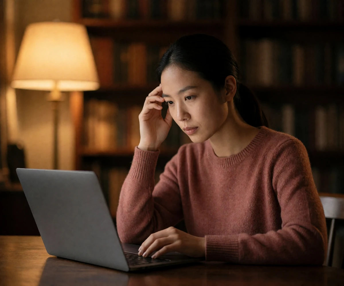 Thoughtful woman in a terracotta knit top reading at a laptop in a warmly lit study, considering a suspicious message