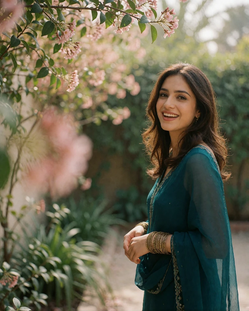 Cheerful Pakistani woman in a deep teal chiffon outfit laughing in a garden courtyard with blossom branches behind her