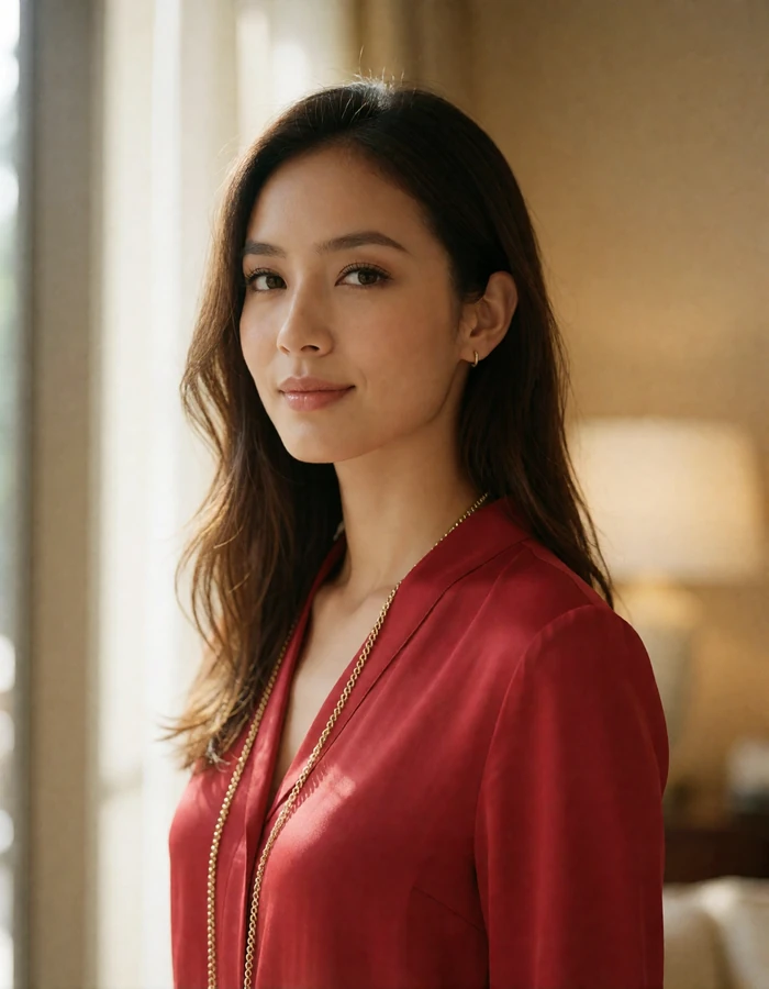 Elegant Malaysian woman in a deep red blouse smiling gently in a bright hotel lobby