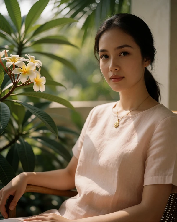 Graceful Cambodian woman in a blush linen top seated on a shaded garden terrace among frangipani trees