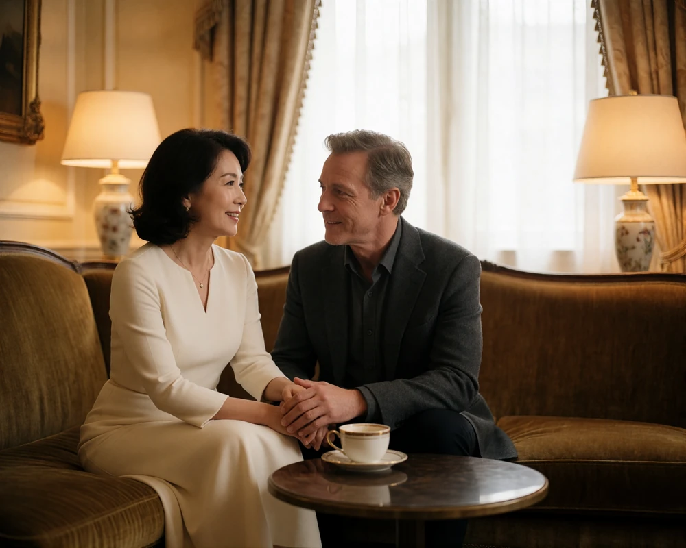 Korean woman in an ivory dress and her partner in a charcoal blazer seated together on a lounge sofa
