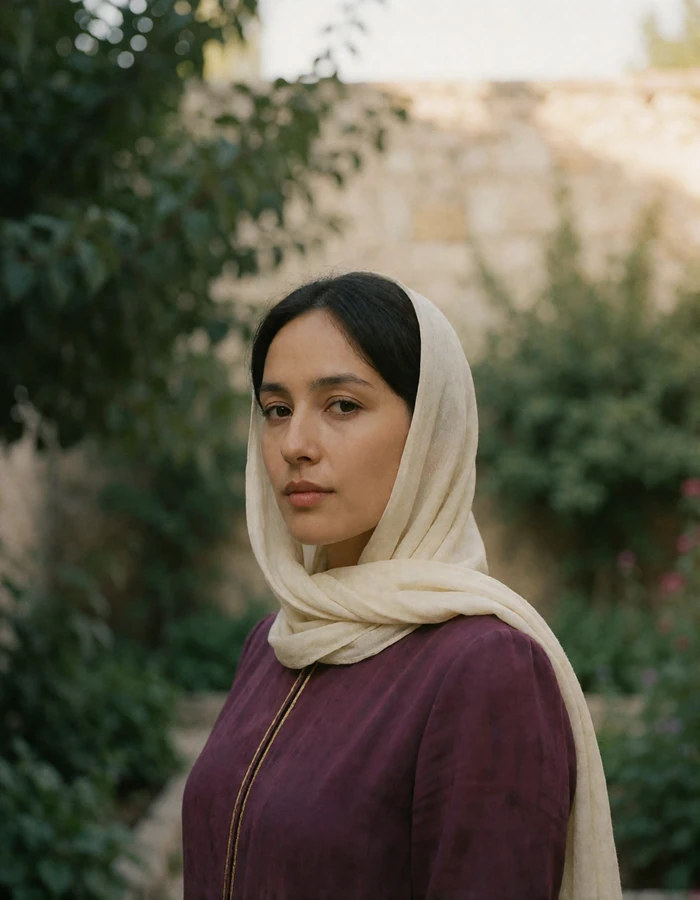 Afghan woman in a plum-toned dress with an ivory headscarf standing in a shaded garden setting