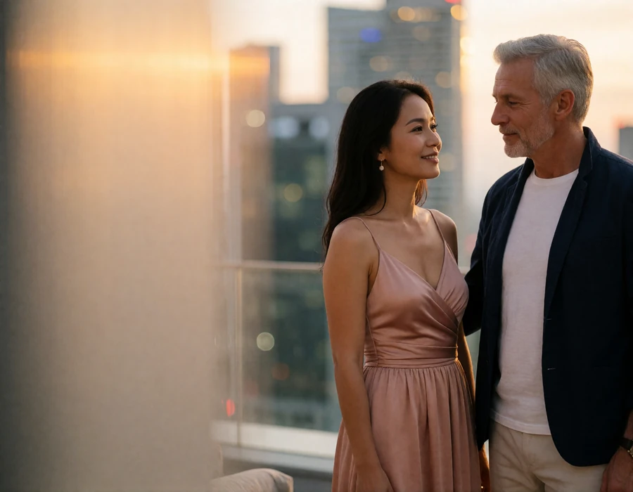 Couple standing together on a rooftop lounge at dusk, turned toward each other in quiet conversation
