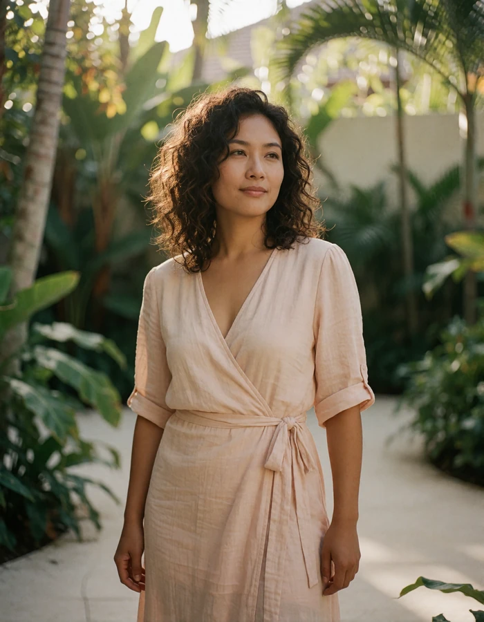 Filipina woman in a blush wrap dress standing among tropical greenery with a gentle candid smile