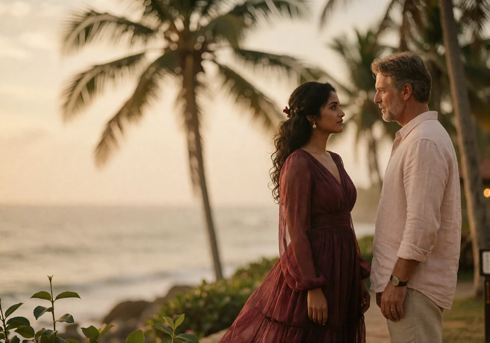 Couple standing together on a palm-lined coastal terrace at golden hour, turned toward each other in quiet conversation