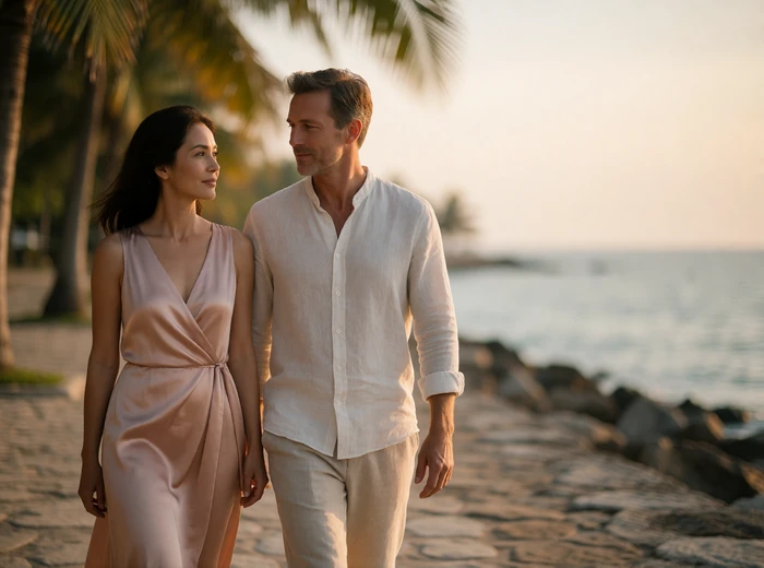 Mature couple walking together along a quiet seaside promenade at golden hour