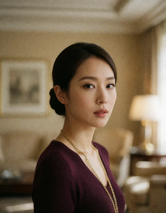 Elegant Korean woman with a low bun wearing a wine knit top in a softly lit hotel lounge