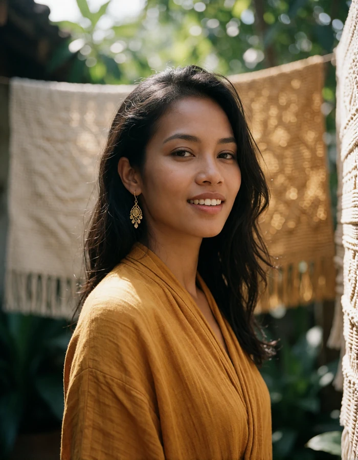 Cheerful Timorese woman around thirty in a warm ochre wrap top, smiling in an outdoor courtyard with woven textiles behind her