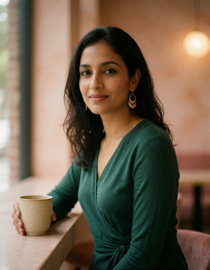 Warm Singaporean woman in an emerald wrap top seated at a quiet cafe counter