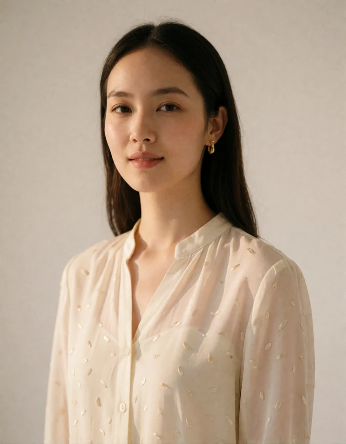 Vietnamese woman in a cream blouse against a warm neutral studio backdrop with a sincere smile