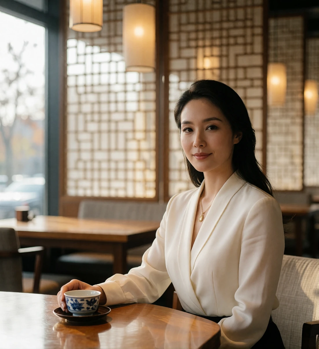 Poised Chinese woman seated at a wooden table in a refined modern teahouse with soft window light