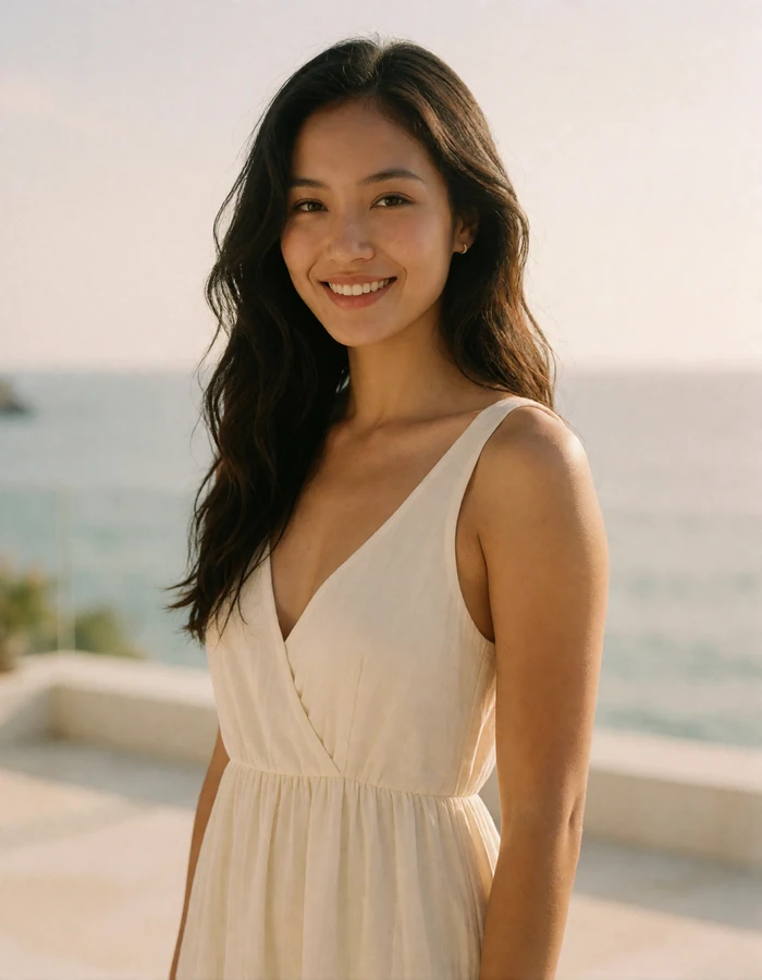 Filipina woman in an ivory sundress smiling near a calm coastline on a quiet seaside terrace
