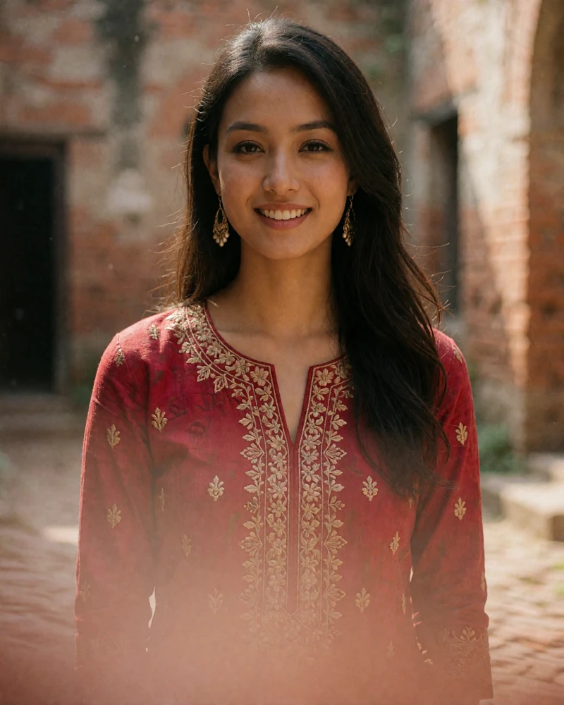 Smiling Nepali woman in a scarlet embroidered kurta photographed against a warmly blurred courtyard of aged brick