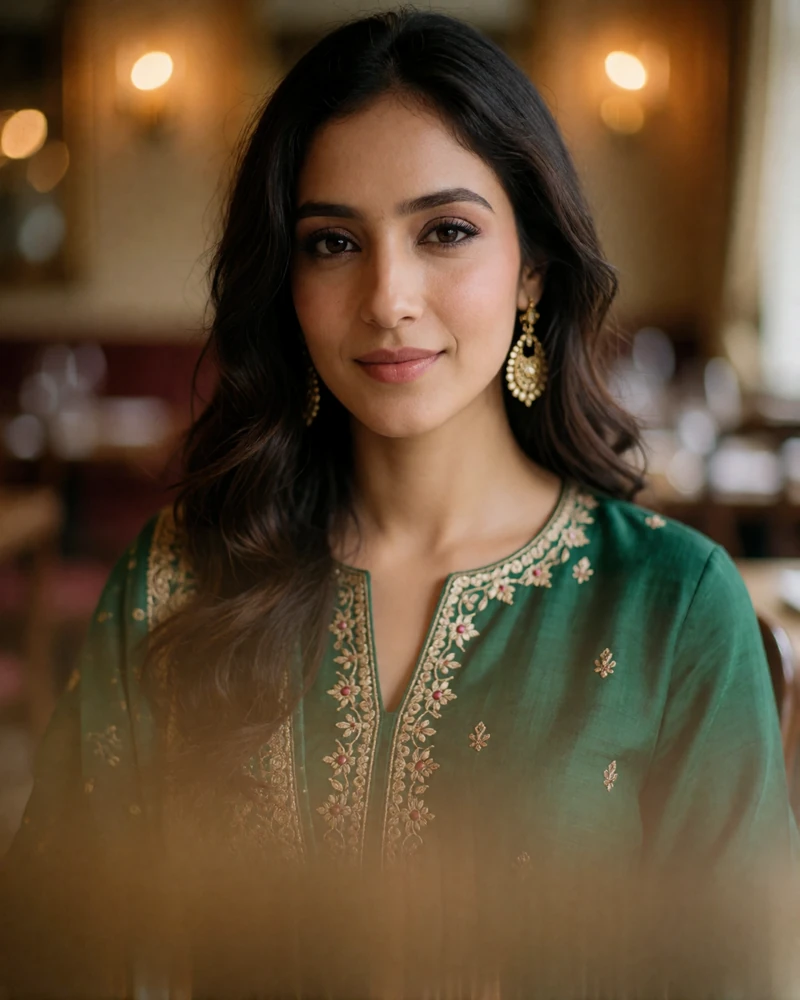 Smiling Pakistani woman in an emerald embroidered outfit photographed in a warmly lit restaurant interior