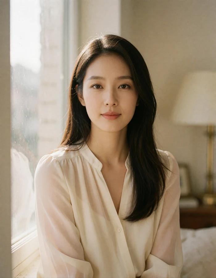 Korean woman in an ivory blouse seated by a window in a bright apartment, smiling gently