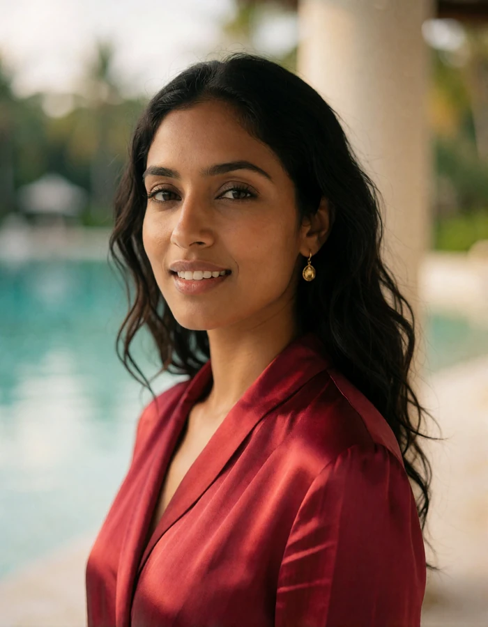 Smiling Maldivian woman with long dark hair in a deep red blouse photographed against a softly blurred resort lagoon terrace