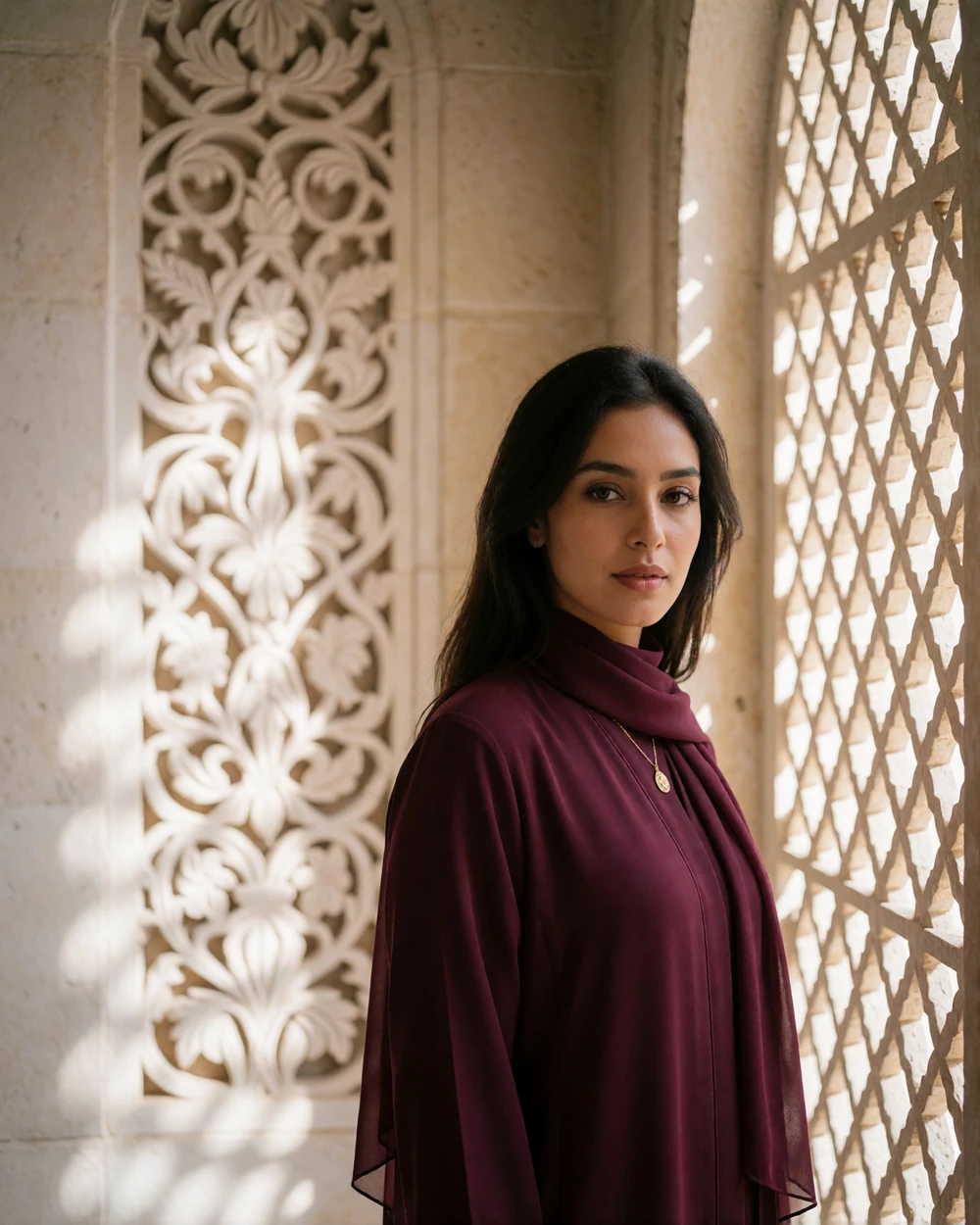 Yemeni woman in a deep wine abaya-style dress standing near a latticed window in a sunlit interior