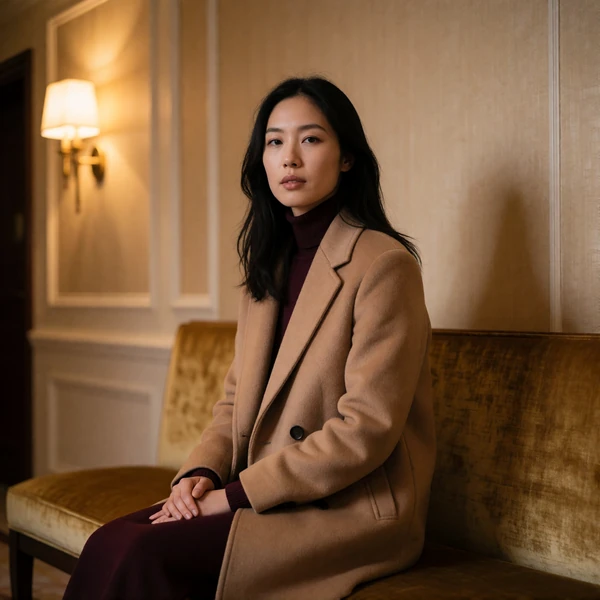 Refined Asian woman in a camel coat seated calmly on a velvet bench in a quiet hotel corridor