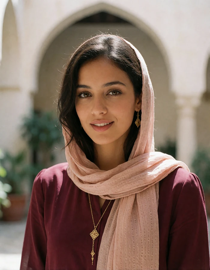 Yemeni woman in a blush scarf and burgundy dress smiling softly in a shaded stone courtyard