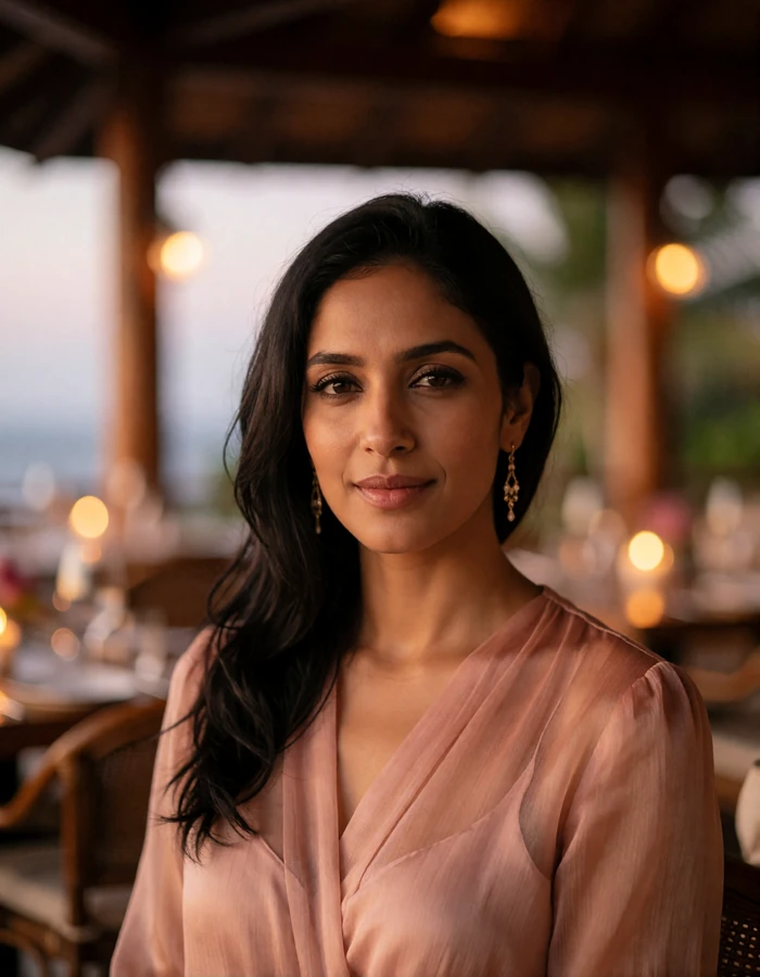 Elegant Maldivian woman in a blush chiffon wrap smiling warmly on an upscale open-air dining terrace at dusk