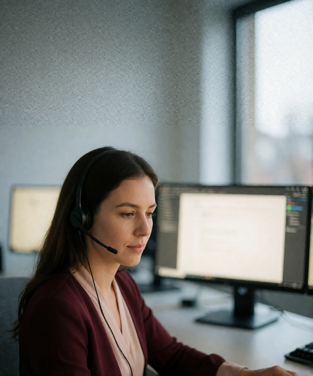 Woman moderator with a headset reviewing member profiles in three-quarter profile at a quiet office workstation