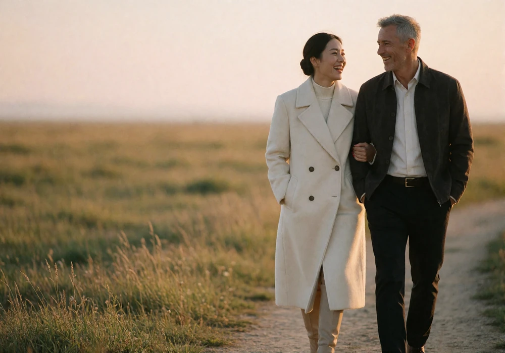 Couple walking together on an open path in the countryside, laughing while looking at one another
