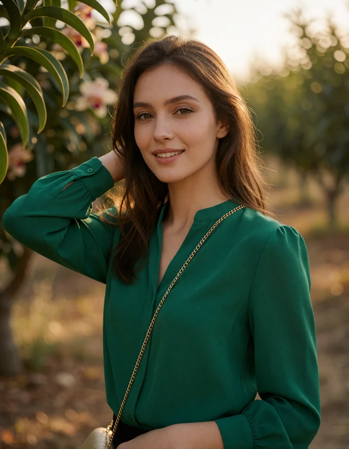 Cheerful Uzbek woman in an emerald blouse standing outdoors near orchard greenery in Fergana