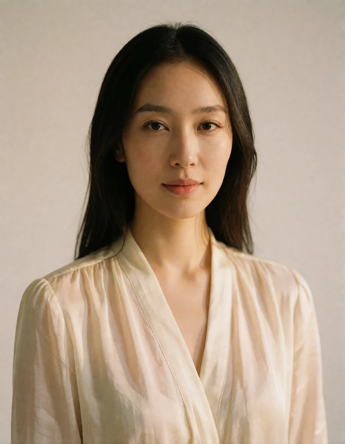 Mongolian woman with straight dark hair in a cream blouse photographed against a warm studio backdrop