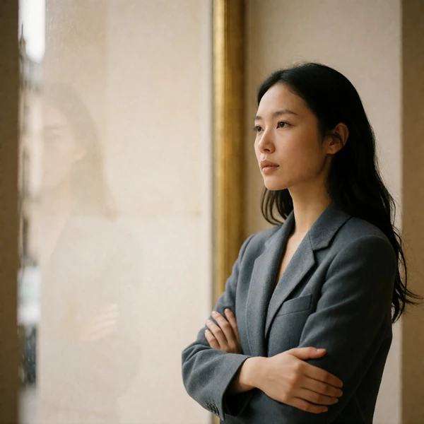 Thoughtful Asian woman in a slate blazer looking toward daylight near a gallery window